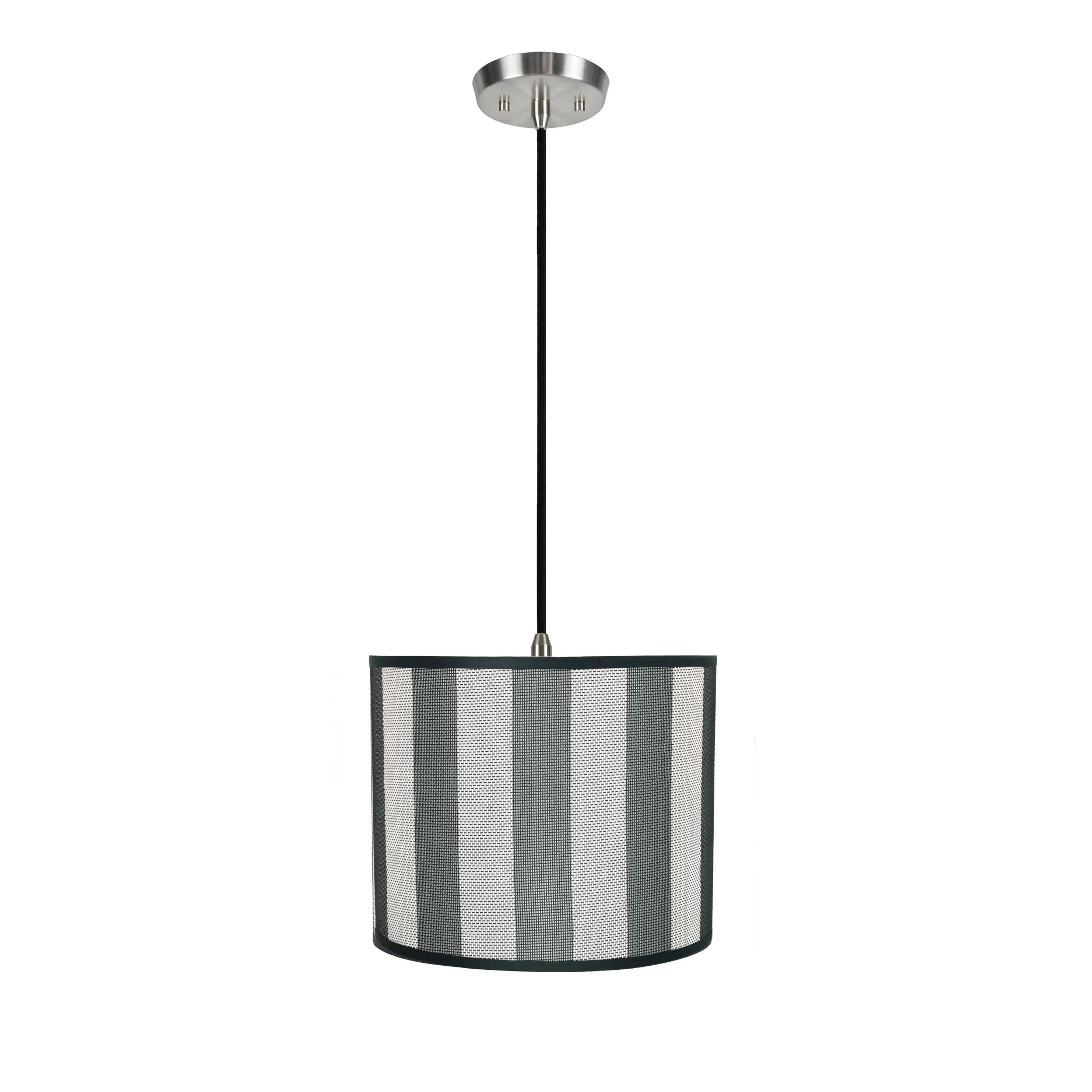 # 71091-11 One-Light Hanging Pendant Ceiling Light with Transitional Drum Fabric Lamp Shade, Hunter Green & White, 12" width