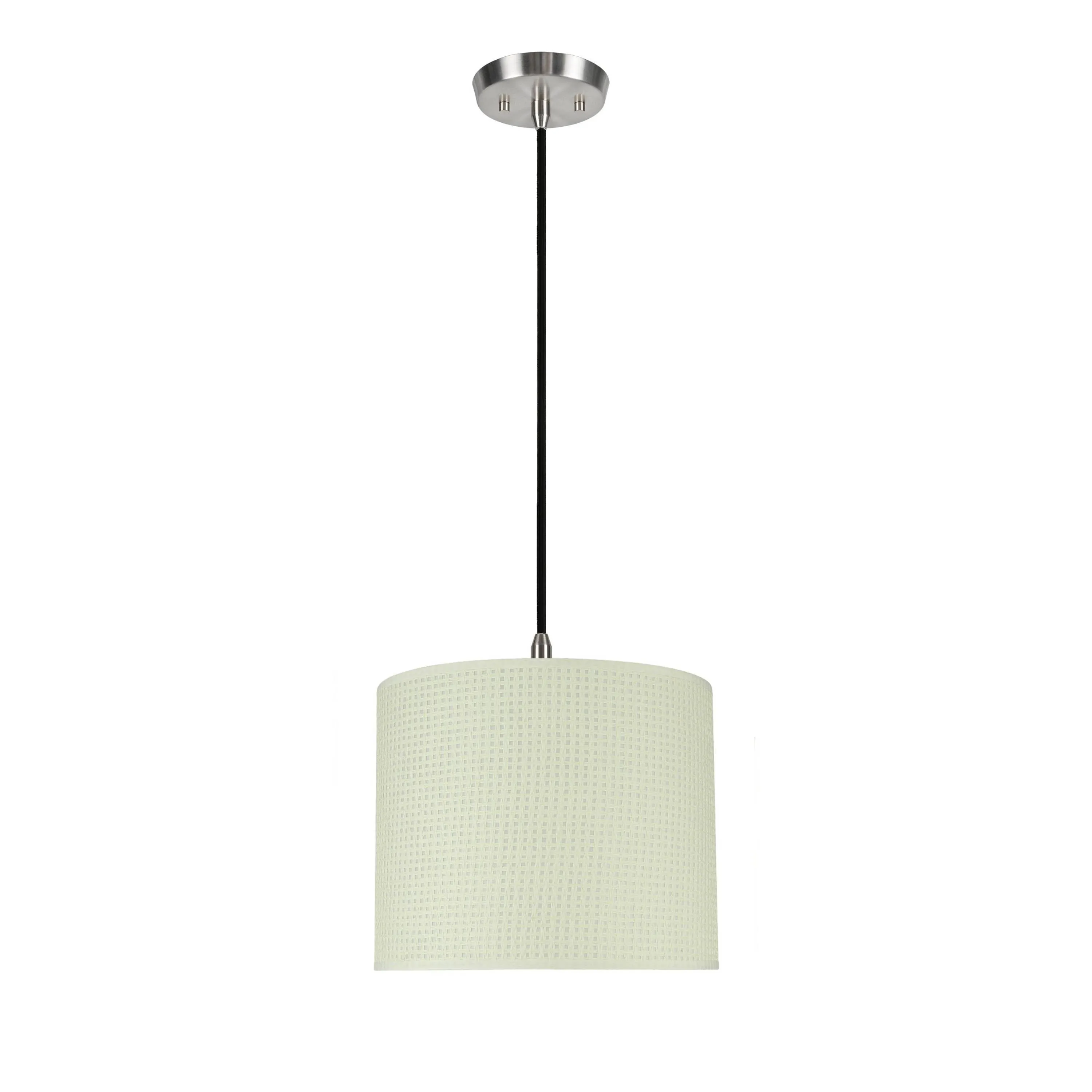 # 71092-11 One-Light Hanging Pendant Ceiling Light with Transitional Drum Fabric Lamp Shade, Beige, 12" width