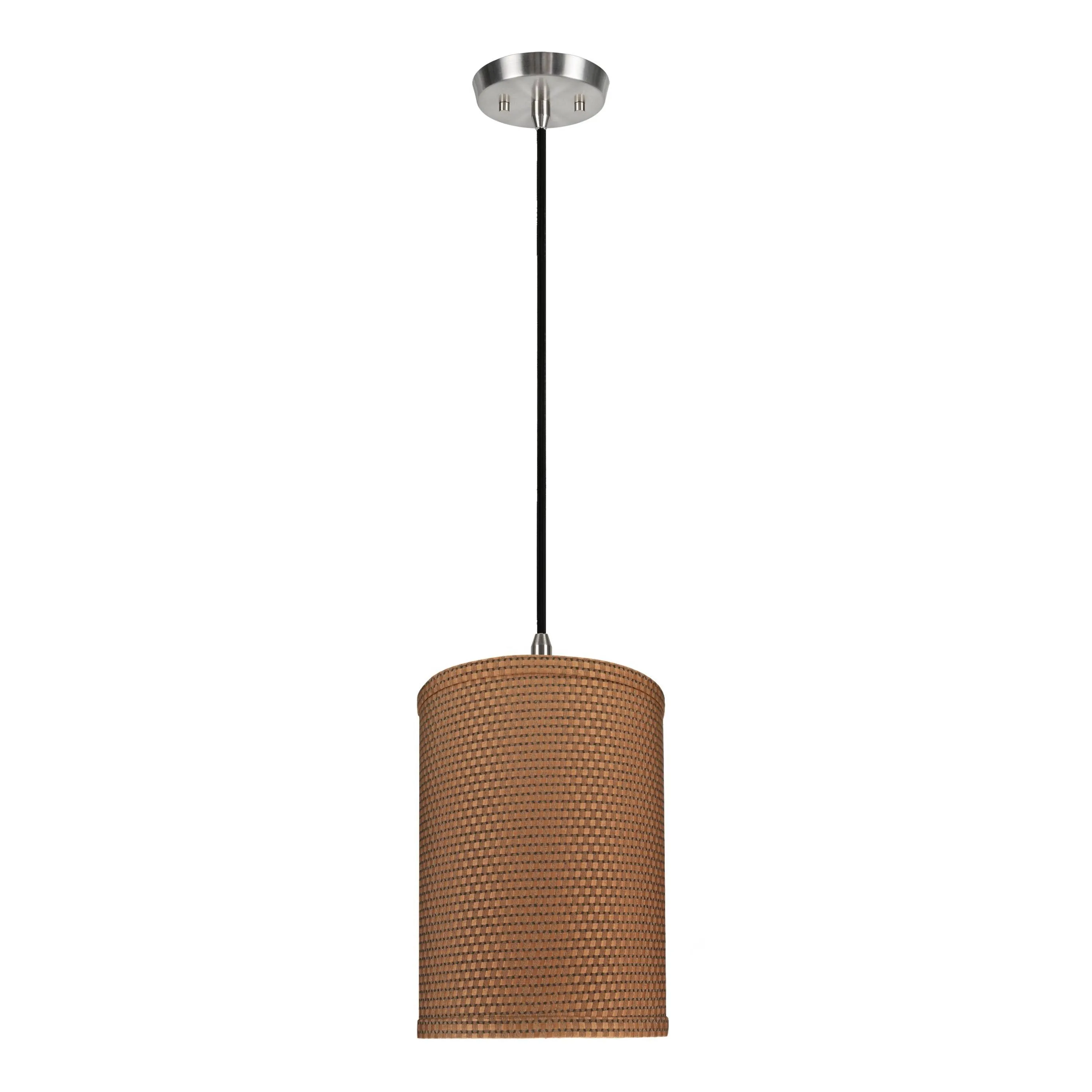 # 71115-11 One-Light Hanging Pendant Ceiling Light with Transitional Drum Fabric Lamp Shade, Brown, 8" width